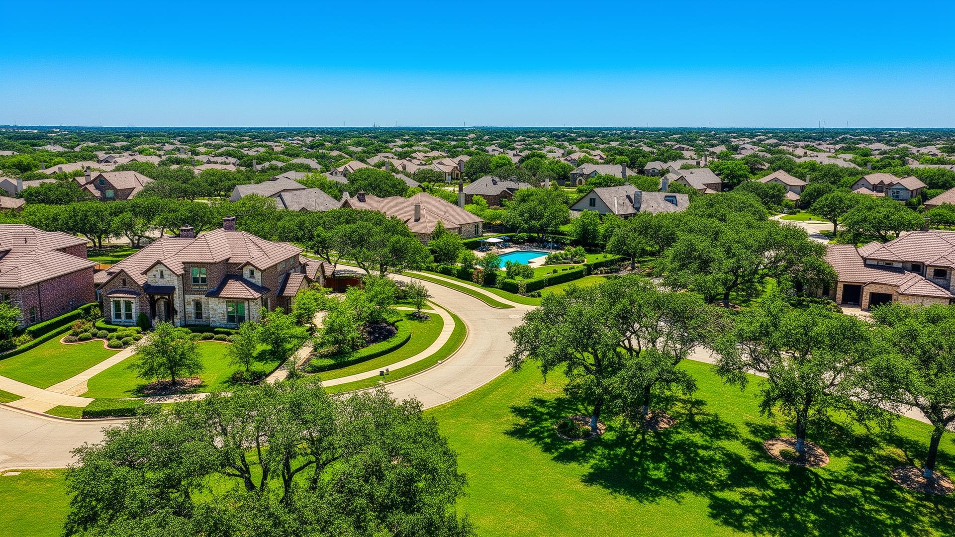 Aerial view of an upscale Texas residential community at golden hour